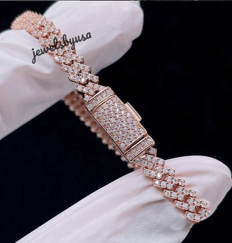 Pre-owned Nsg Men's Icy Real Moissanite 8x8" Cuban Bracelet Rose Gold Plated Silver Free Stud In White