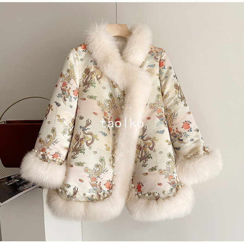 Chinese Style Women Faux Fur Collar Coat Embroidery Cotton