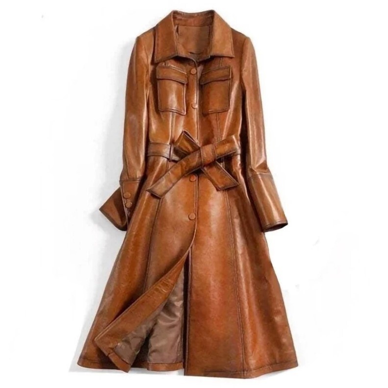 Pre-owned Style Italian  Overcoat Real Leather Trench Coat, Belt Wax Tan Long Leather Coat