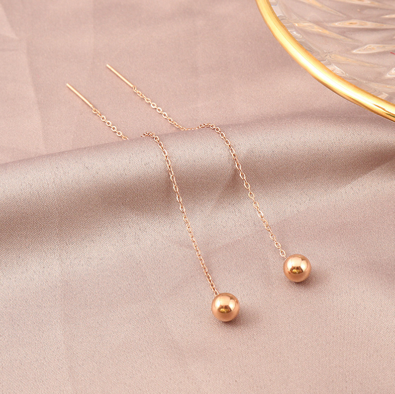 Minimalism Gold Threader Tassel Earrings Stainless Steel 4mm Ball 3" Chain PE9