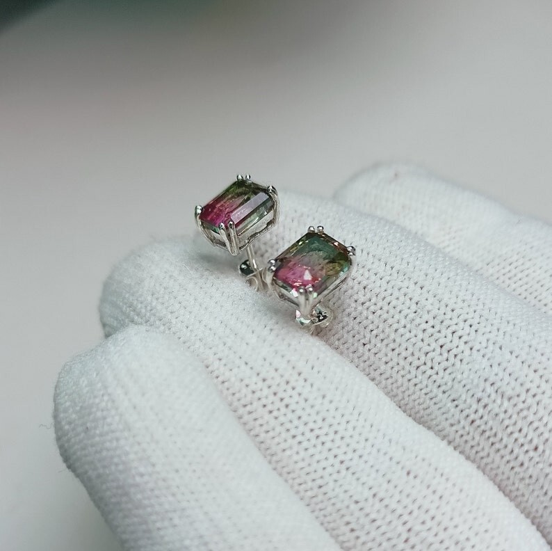 Watermelon Tourmaline Earrings, 925 Sterling Silver Earrings, Tourmaline Stud