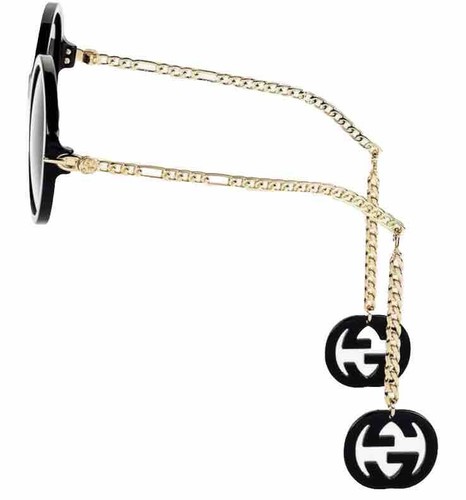 Pre-owned Gucci Gg0726s 726 001 Black Gold Grey Lens Round Women Sunglasses Gg Charm In Gray