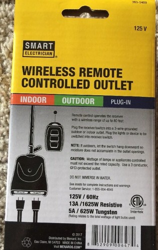 SMART ELECTRICIAN  Indoor Outdoor Remote Control 2 Outlet Receiver NEW