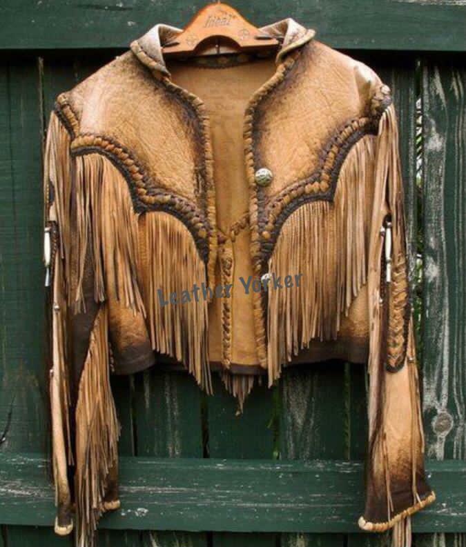 Native American buffalo Leather Western Cowboy Coat Fringes