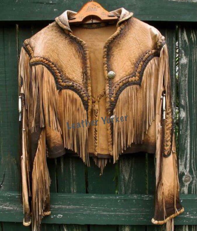 Pre-owned Leather_yorker Native American Buffalo Leather Western Cowboy Coat Fringes Short Jacket In Brown