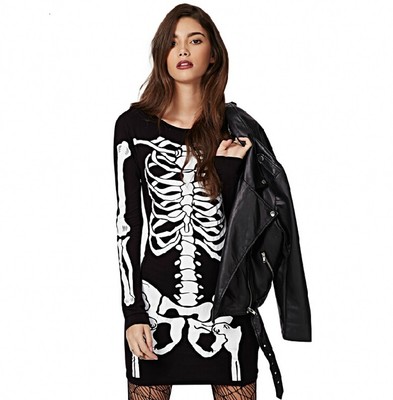sexy ladies skeleton bone print punk rock vintage bodycon
