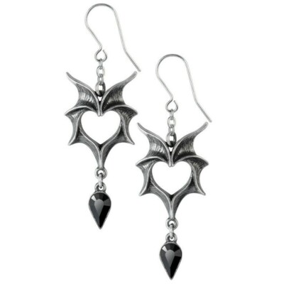 Love Bat Earrings Wing Heart Black Crystal Dropper Hooks Alchemy Gothic E425