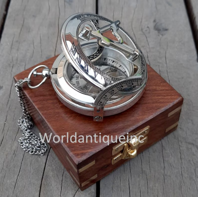 Antique Silver Finished Marine Brass Brunton Working Compass Engraved Designer