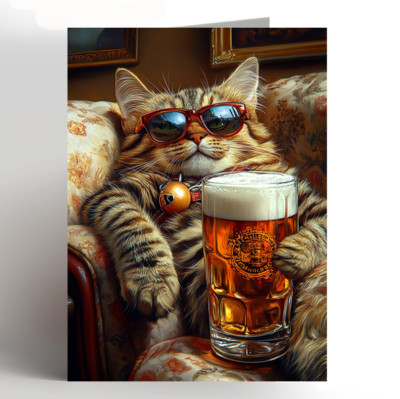 Cat Birthday Card Tabby Cat card Cat lover card Cat owner Funny pet beer