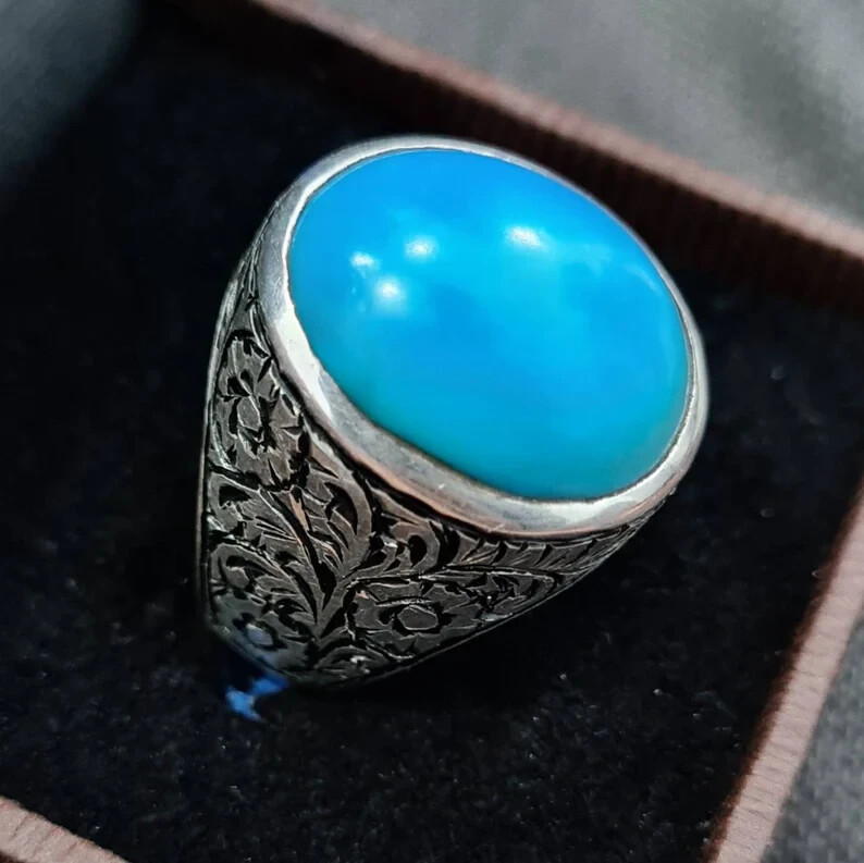 Pre-owned Handmade Natural Turquoise Ring Feroza Rings Mens Feroza Gemstone Rings Neyshapuri Feroza