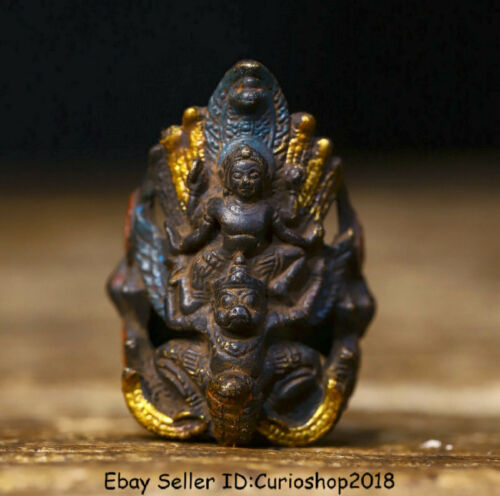 1.6"Old Tibet Bronze Painting Redpoll Winged Garuda Bird Eagle Buddha Ring Rings