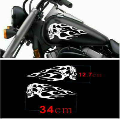 1 Pair White So Cool Motorcycle Skull Flame Stripes Gas Tank Vinyl Sticker Decal
