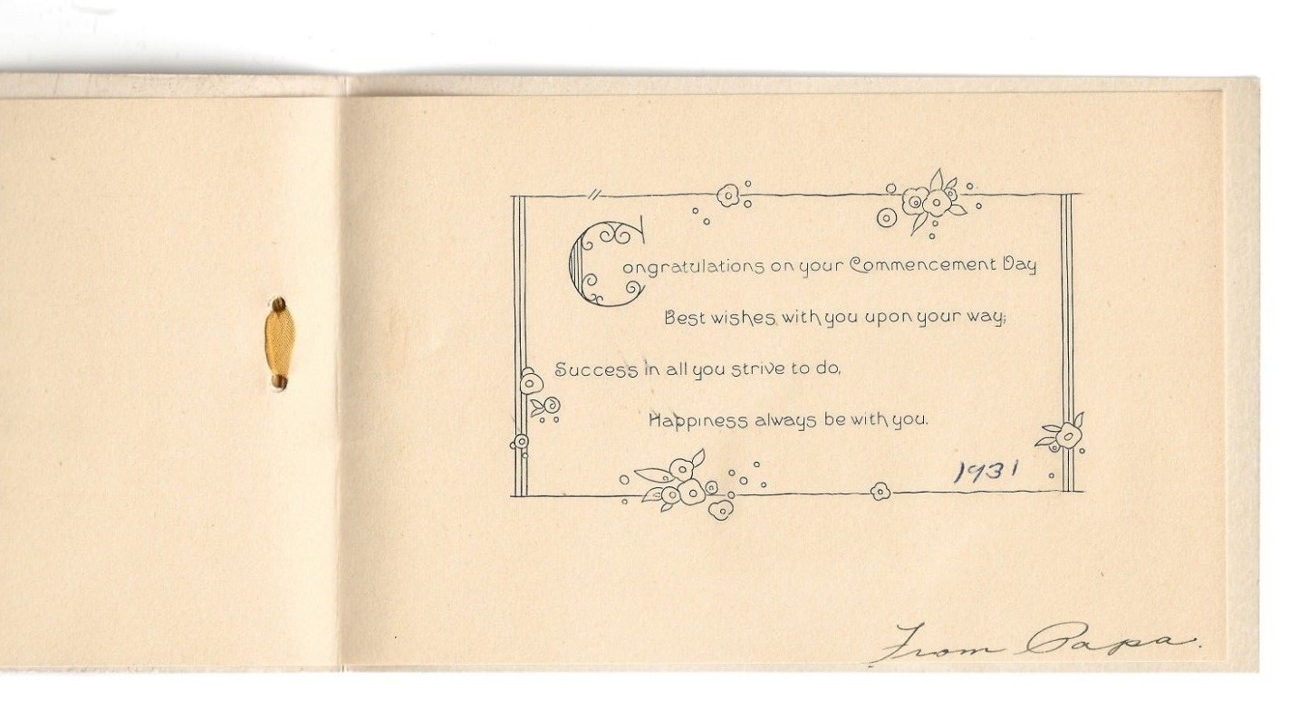 1931 Graduation Greeting Card Embossed Ink Well Quill Pen Hourglass Diploma Lamp