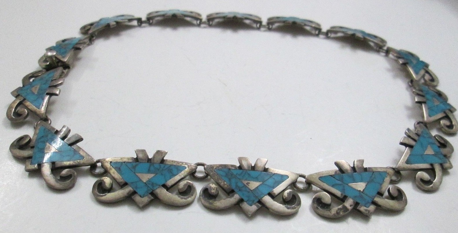 MIGUEL TAXCO MEXICO STERLING SILVER TURQUOISE INLAY NECKLACE BRACELET SET