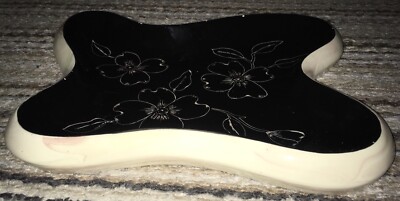 1956 HOLLAND MOLD ART DECO BLACK WHITE RASPBERRY SWIRL LARGE ASHTRAY DISH FLORAL