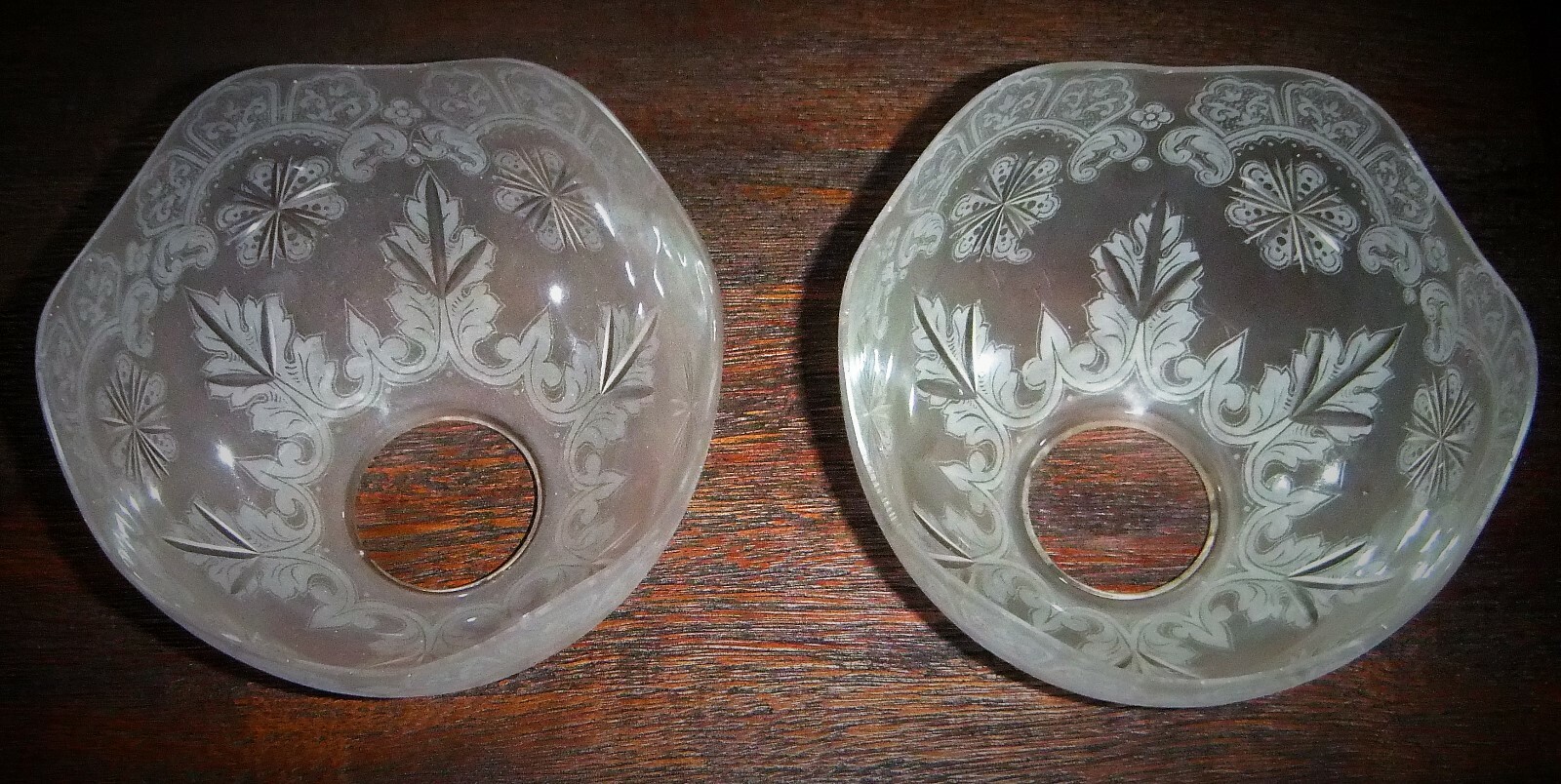 Matching Pair of ETCHED AND CUT Antique Crystal  LAMP SHADES 2 1/4