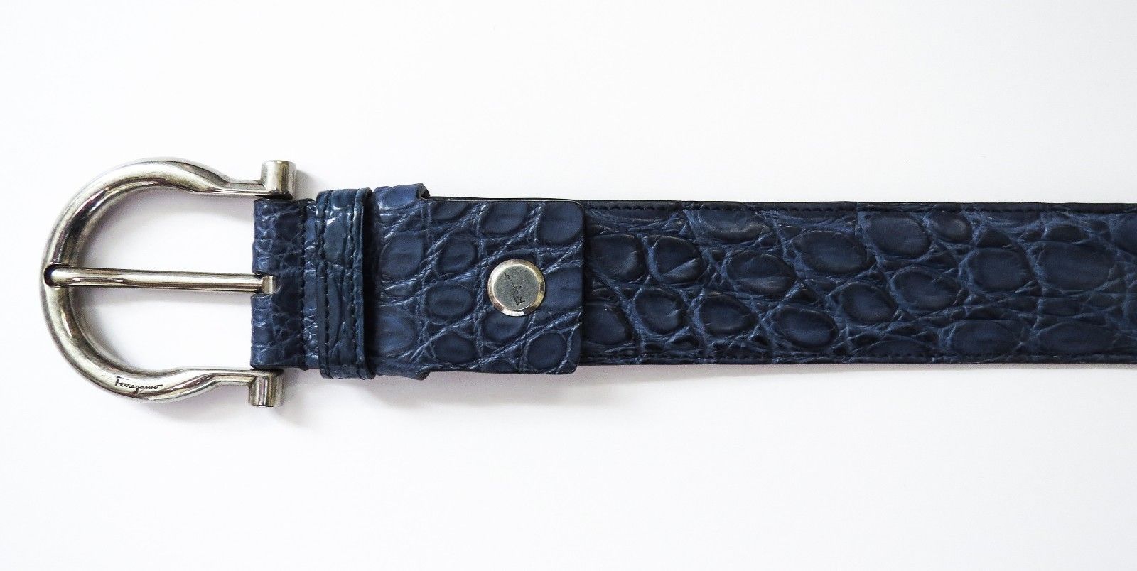 Pre-owned Ferragamo Salvatore  Wide Adjustable Blue Crocodile Gancini Belt Size 38 Us 95 Cm