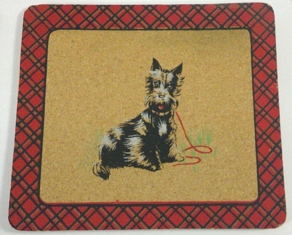 3 vintage cork trivets black scotty dogs red plaid border 7.5x6.5 & 9.5x7.5