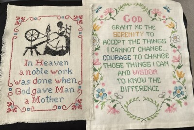 2 VTG SAMPLERS  GRANT SERENITY  PLUS  MOTHER Cross Stitch On Ecru Linen