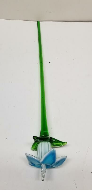 MURANO ART STYLE BLUE WHITE 3 LEAF LILY LONG STEM GLASS FLOWER 19 1/2