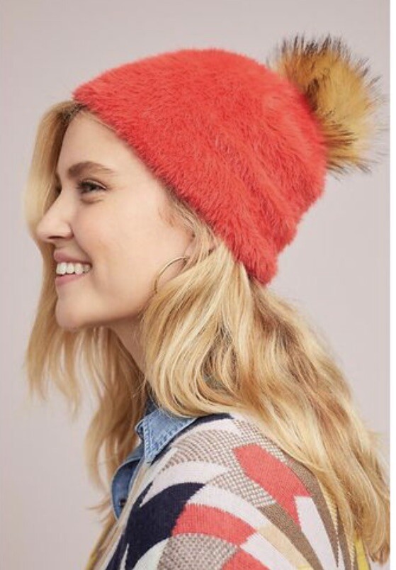 Anthropologie Beanie Torri Pommed Furry Pom Pom Red OS НОВИНКА