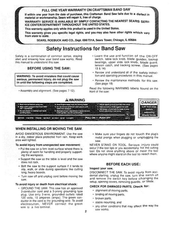 Owner's Manual & Parts List  Sears Craftsman 10" Band Saw - Model 113.244500