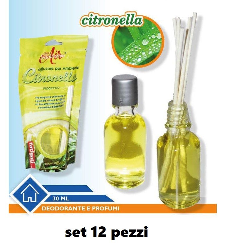 Set 12 Diffusori Bastoncino Profumo Deodorante Ambiente Citronella 30ml hmj