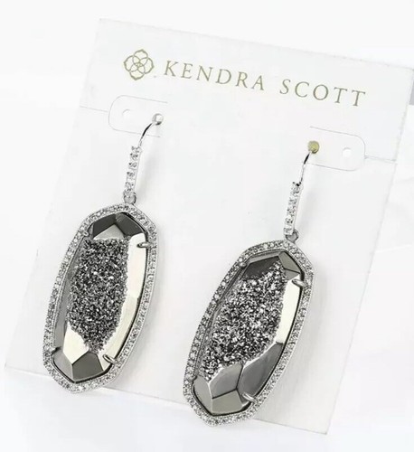 Pre-owned Kendra Scott Ellen Drusy Drop Earrings 2" Drop 3/4 Width French Wire 1415 In Silver