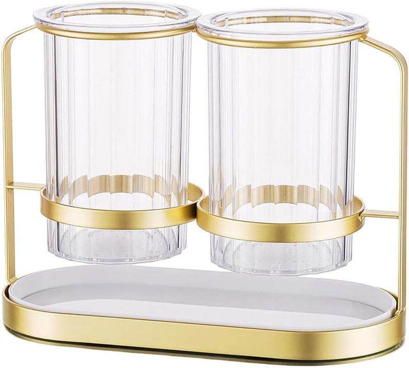 Gold Utensil Holder, with 2 Cups, Kitchen Cutlery Holder, Makeup Brush Organizer