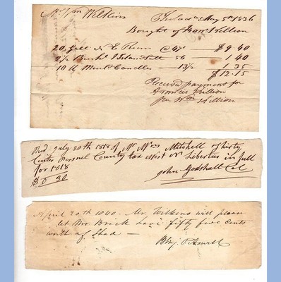 1818 antique LOT 4 HANDWRITTEN EPHEMERA phila pa WILKINS,MITCHELL rum,candles+