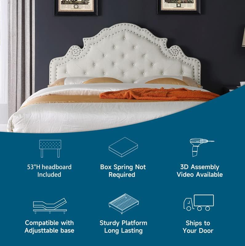 King Upholstered Platform Bed Frame with 51" Tall Headboard- Button Tufted Cloth