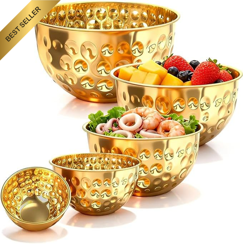 5 Pcs Gold Metal Salad Bowls, Nesting Hammered Stainless Steel Mixing Bowls, Fin