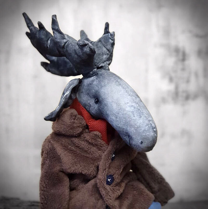 Vintage Stoffrentier 42 cm m. Schlitten Kuschelrenntier Rentier Handarbeit