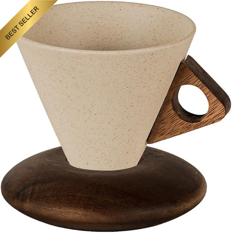 2 Pcs Ceramic Funnel Coffee Cup + Wooden Base. 250 Ml. Funnel Shape and Solid Wo