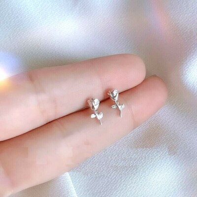  Super Adorable Silver Tiny Flower Rose Bud Stud Earring