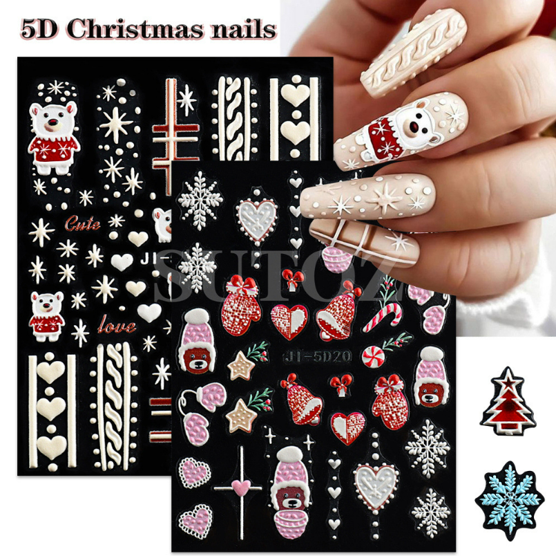 Christmas 5D Nail Art Stickers Snowflake Bear Heart Santa Decals Self-Adhesive