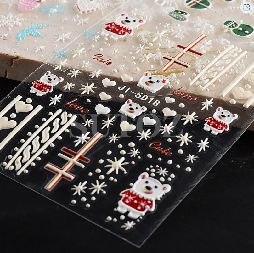 Christmas 5D Nail Art Stickers Snowflake Bear Heart Santa Decals Self-Adhesive