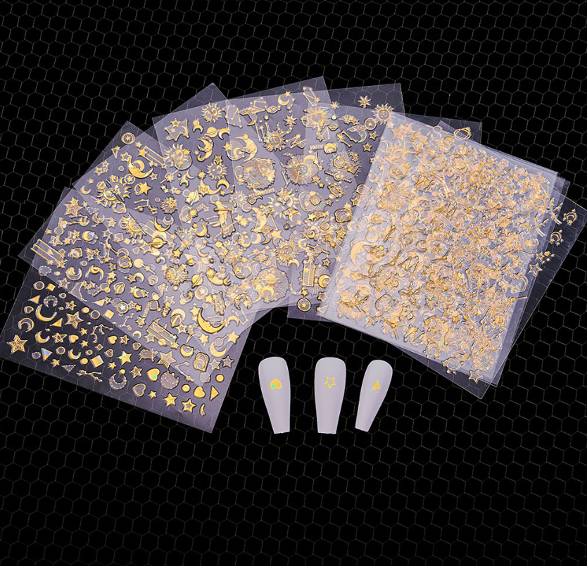 6 Sheets Set Moon Star Sun Gold Silver Nail Art Sticker Decoration Manicure NS53