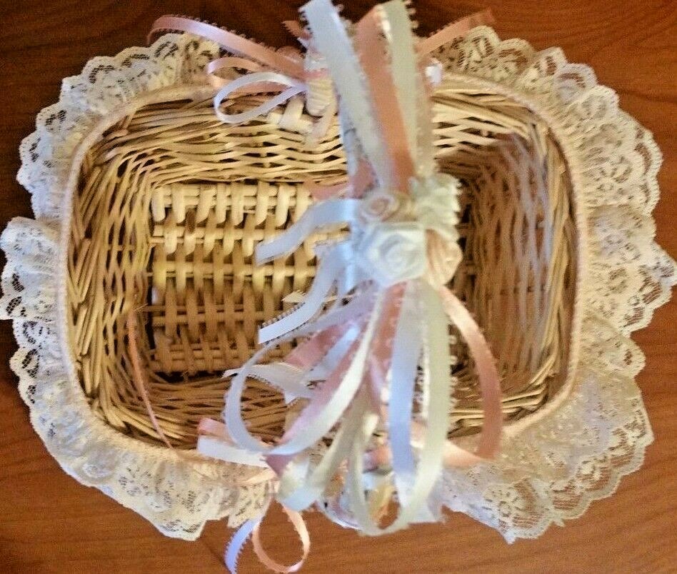 Small Square Wicker Basket With Peach & White Ribbons & 3 Layers of Lace