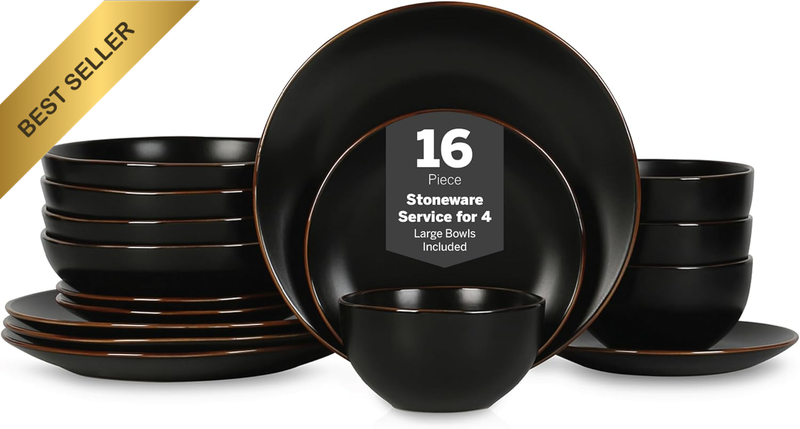 Brasa Modern Stoneware 16-Piece Dinnerware Set, Plates & Bowls for 4, Black