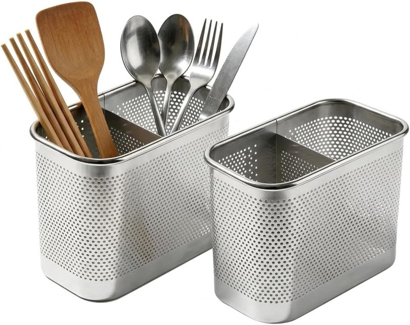 Square Stainless Steel Utensil Holder 2 Pack 304 Utensil Holder with Drain Holes