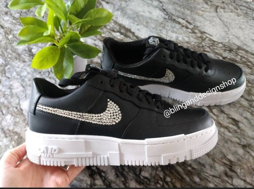 Pre-owned Swarovski Womens Nike Air Force 1 Pixel Black Sneakers Shoes Made With  Crystals