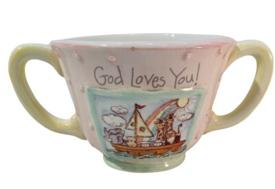 Russ Berrie UK Ltd God Loves You Ceramic Double Handled Cup Pink Noah s Ark