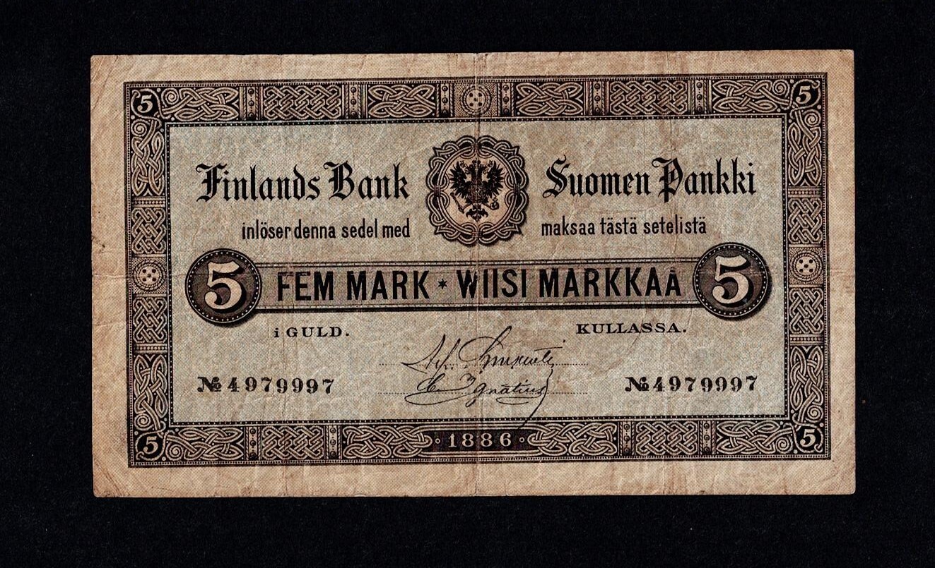 FINLAND 5 MARKKAA 1886 PICK # A50a VF/VF+ ULTRA RARE no
