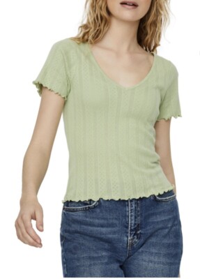 NWT Vero Moda Womens Short Sleeve V Neck Top Shirt Size Medium Green Lettuce Hem
