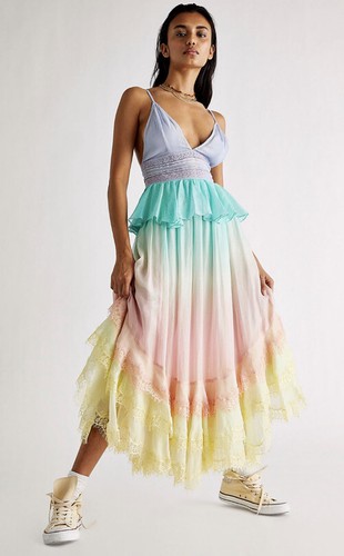 Pre-owned Free People Rococo Sand Emi Long Metallic Ombre Lace Trim Peplum Dress S In Pastels