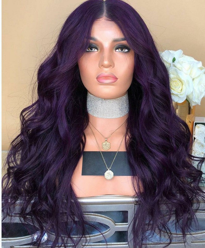 Uk Womens Ladies Dark Purple Long Curly Wigs Natural Body Wavy