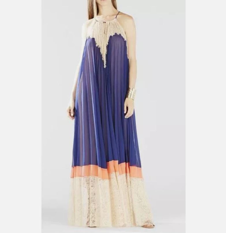 Pre-owned Bcbgmaxazria Bcbg Maxazria Dress Gown Blue Beige Xxs Xs S M 0 2 4 6 8 10 12 Breena Lace