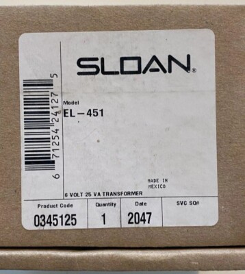 SLOAN EL-451 Transformer Pri 120 VAC / Sec 6 VAC 25 VA - Class 2 XFMR