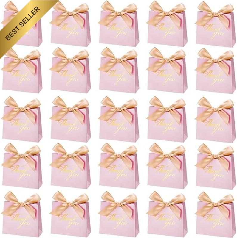 25 Pcs Small Thank You Gift Bags with Gold Bow Ribbon - Pink Patterned Paper Par